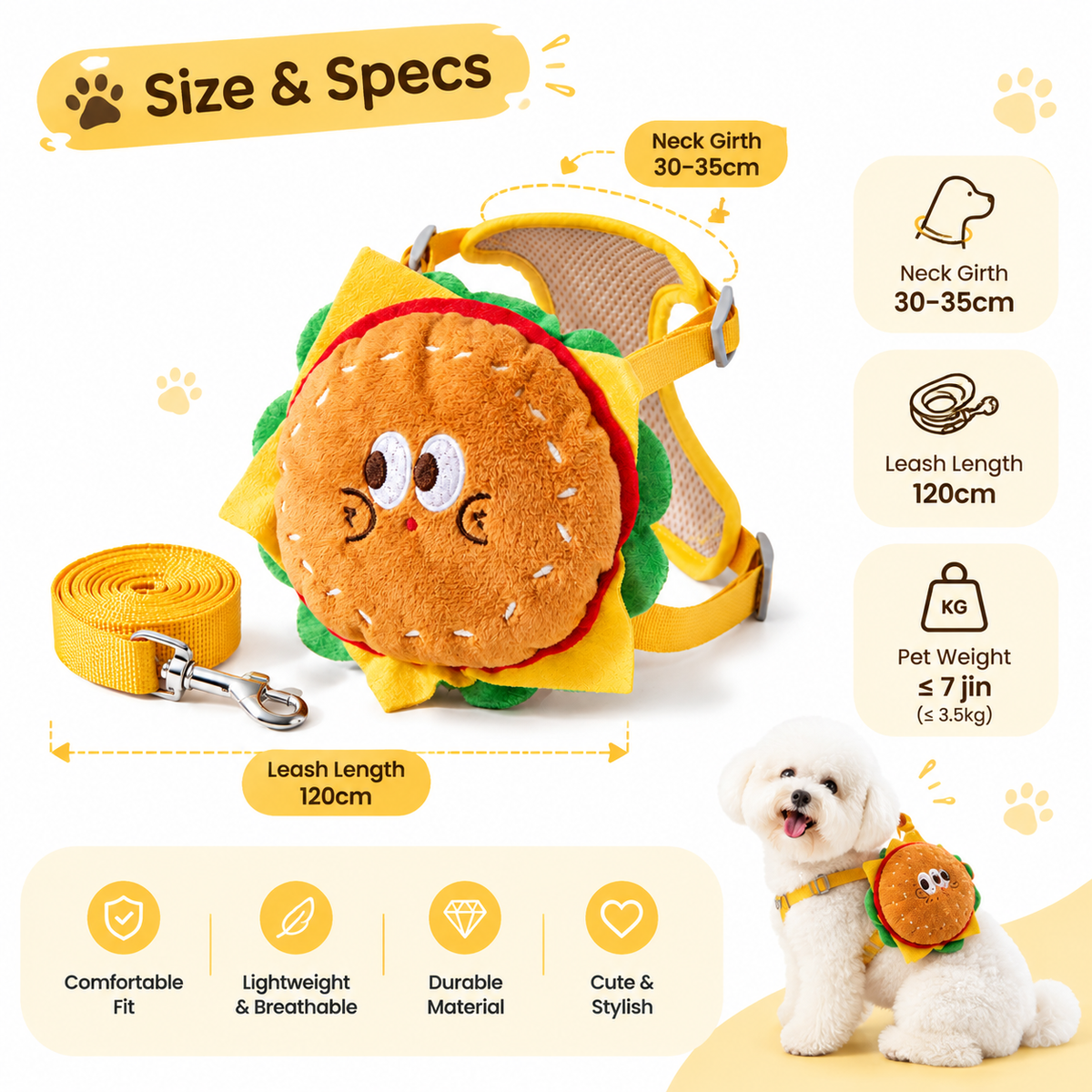 Cute Hamburger Backpack Pet Harness with Leash